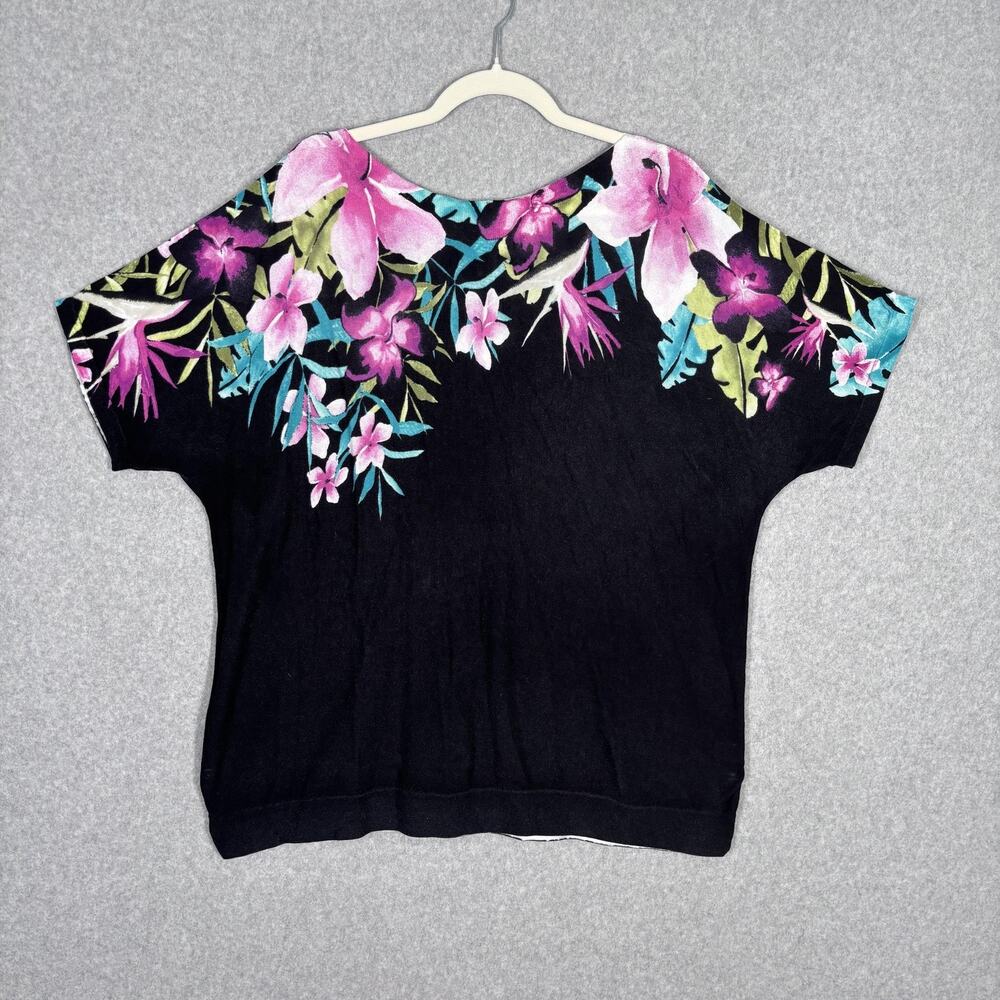 CJ Banks Sweater Top 1X Black Pink Floral Thin Cotton Tropical‎ Resort Cruise